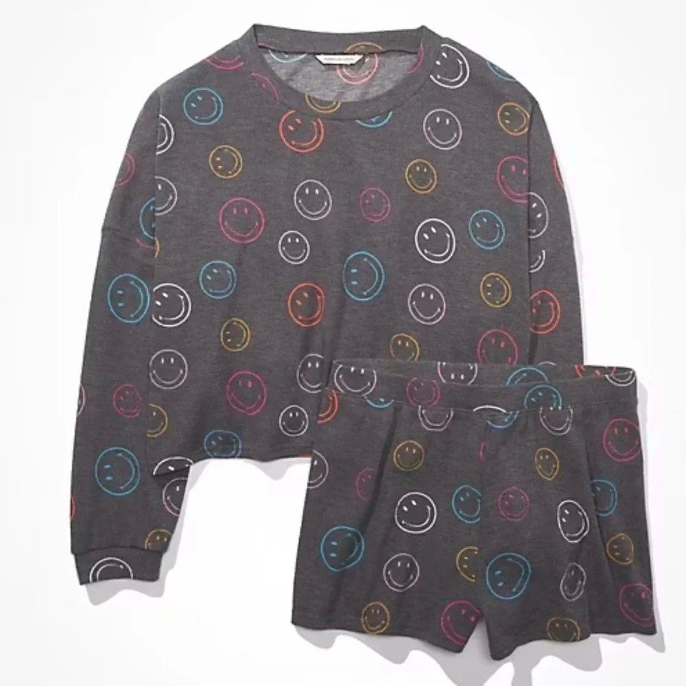 American Eagle Relaxed Waffle Knit Smiley Black Charcoal Pajama PJ Set size XL - Picture 1 of 7